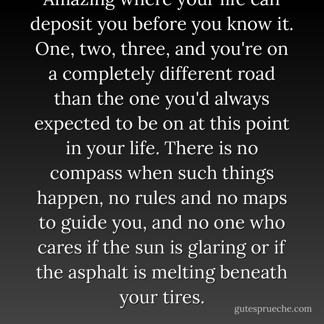Amazing where your life can deposit you before you know it. One, two, three, and you're on a completely different road than the one you'd always expected to be on at this point in your life. There is no compass when such things happen, no rules and no maps to guide you, and no one who cares if the sun is glaring or if the asphalt is melting beneath your tires. - Alice Hoffman