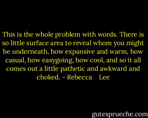 This is the whole problem with words. There is so little surface area to reveal whom you might be underneath, how expansive and warm, how casual, how easygoing, how cool, and so it all comes out a little pathetic and awkward and choked. - Rebecca    Lee