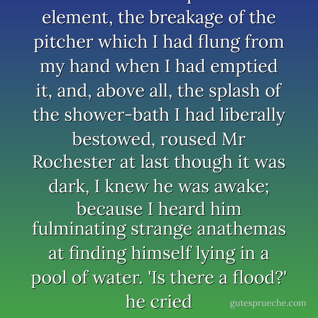 The hiss of the quenched element, the breakage of the pitcher which I had flung from my hand when I had emptied it, and, above all, the splash of the shower-bath I had liberally bestowed, roused Mr Rochester at last though it was dark, I knew he was awake; because I heard him fulminating strange anathemas at finding himself lying in a pool of water. 'Is there a flood?' he cried - Charlotte Brontë