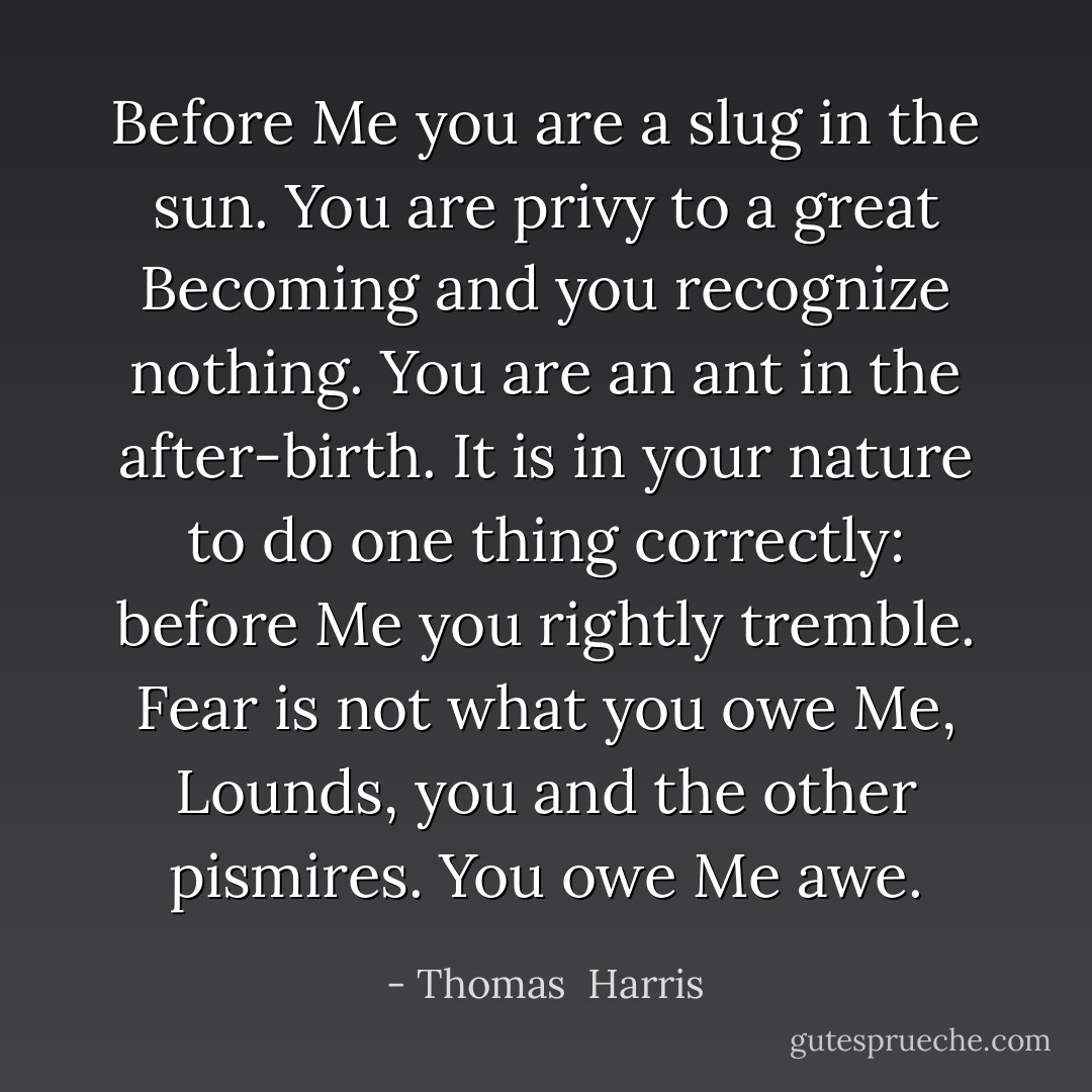 Before Me you are a slug in the sun. You are privy to a great Becoming and you recognize nothing. You are an ant in the after-birth.<br />It is in your nature to do one thing correctly: before Me you rightly tremble. Fear is not what you owe Me, Lounds, you and the other pismires. You owe Me awe. - Thomas  Harris