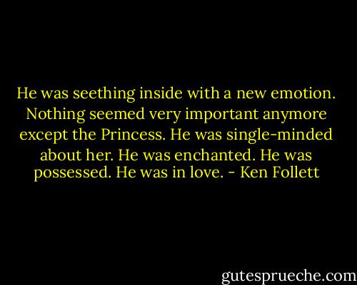 He was seething inside with a new emotion. Nothing seemed very important anymore except the Princess. He was single-minded about her. He was enchanted. He was possessed. He was in love. - Ken Follett