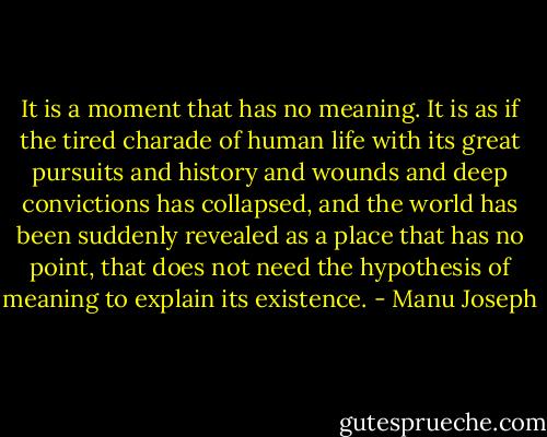 It is a moment that has no meaning. It is as if the tired charade of human life with its great pursuits and history and wounds and deep convictions has collapsed, and the world has been suddenly revealed as a place that has no point, that does not need the hypothesis of meaning to explain its existence. - Manu Joseph