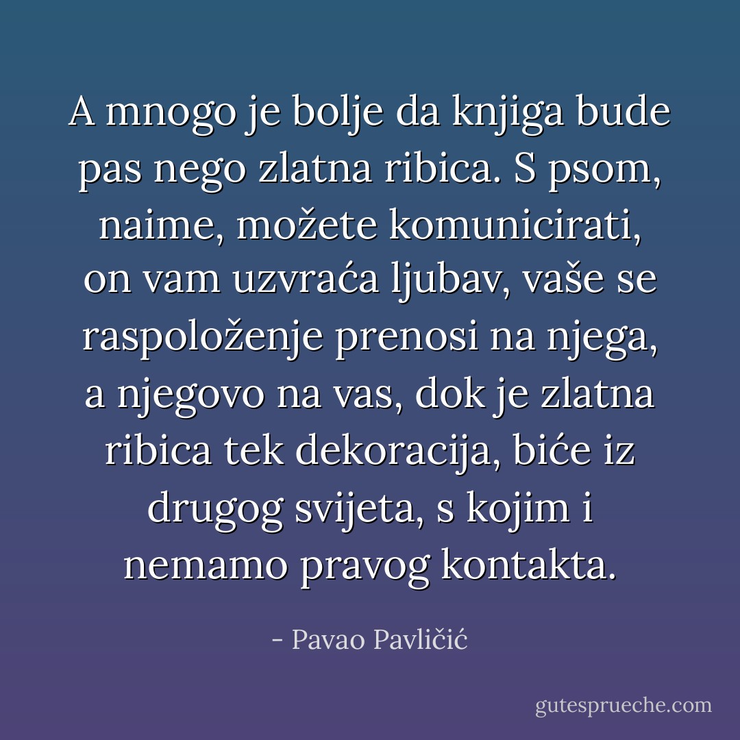 A mnogo je bolje da knjiga bude pas nego zlatna ribica. S psom, naime, možete komunicirati, on vam uzvraća ljubav, vaše se raspoloženje prenosi na njega, a njegovo na vas, dok je zlatna ribica tek dekoracija, biće iz drugog svijeta, s kojim i nemamo pravog kontakta. - Pavao Pavličić