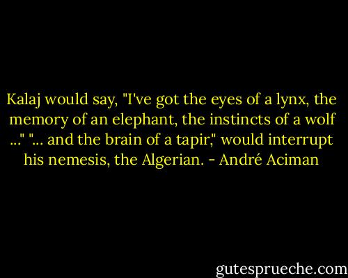 Kalaj would say, "I've got the eyes of a lynx, the memory of an elephant, the instincts of a wolf ..."<br />"... and the brain of a tapir," would interrupt his nemesis, the Algerian. - André Aciman