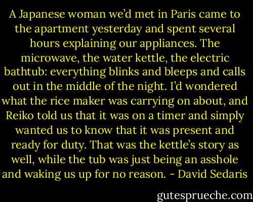 A Japanese woman we’d met in Paris came to the apartment yesterday and spent several hours explaining our appliances. The microwave, the water kettle, the electric bathtub: everything blinks and bleeps and calls out in the middle of the night. I’d wondered what the rice maker was carrying on about, and Reiko told us that it was on a timer and simply wanted us to know that it was present and ready for duty. That was the kettle’s story as well, while the tub was just being an asshole and waking us up for no reason. - David Sedaris