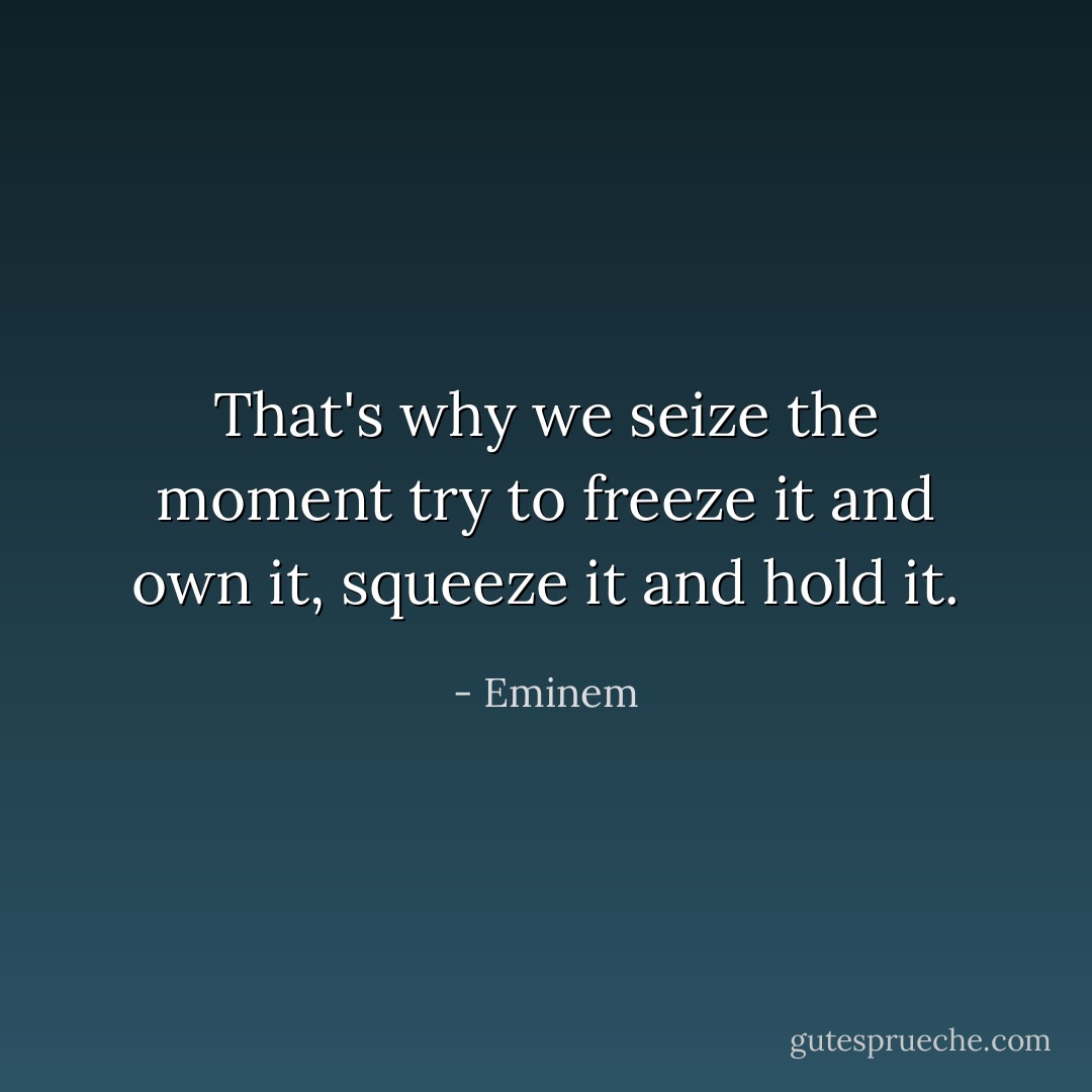 That's why we seize the moment try to freeze it and own it, squeeze it and hold it. - Eminem