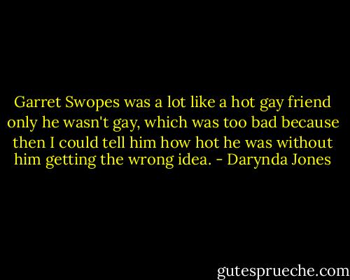 Garret Swopes was a lot like a hot gay friend only he wasn't gay, which was too bad because then I could tell him how hot he was without him getting the wrong idea. - Darynda Jones