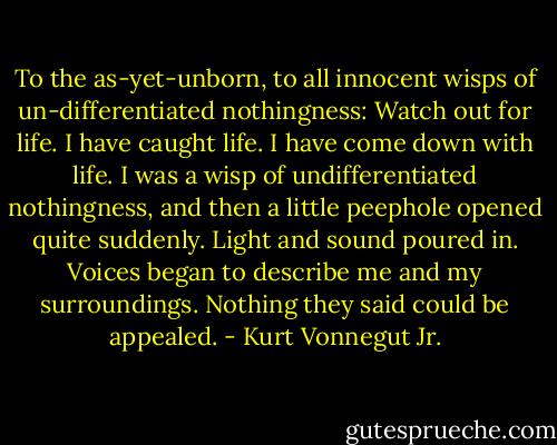 To the as-yet-unborn, to all innocent wisps of un-differentiated nothingness: Watch out for life. I have caught life. I have come down with life. I was a wisp of undifferentiated nothingness, and then a little peephole opened quite suddenly. Light and sound poured in. Voices began to describe me and my surroundings. Nothing they said could be appealed. - Kurt Vonnegut Jr.