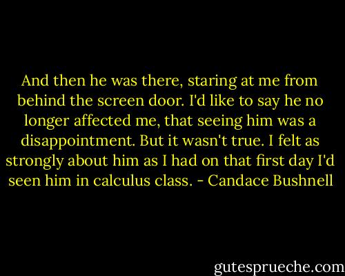 And then he was there, staring at me from behind the screen door. I'd like to say he no longer affected me, that seeing him was a disappointment. But it wasn't true. I felt as strongly about him as I had on that first day I'd seen him in calculus class. - Candace Bushnell