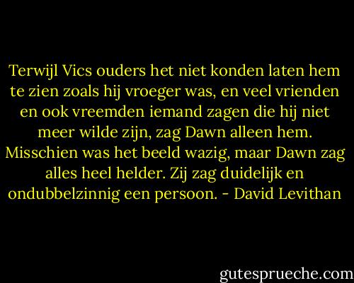 Terwijl Vics ouders het niet konden laten hem te zien zoals hij vroeger was, en veel vrienden en ook vreemden iemand zagen die hij niet meer wilde zijn, zag Dawn alleen hem. Misschien was het beeld wazig, maar Dawn zag alles heel helder. Zij zag duidelijk en ondubbelzinnig een persoon. - David Levithan