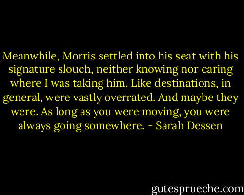 Meanwhile, Morris settled into his seat with his signature slouch, neither knowing nor caring where I was taking him. Like destinations, in general, were vastly overrated. And maybe they were. As long as you were moving, you were always going somewhere. - Sarah Dessen