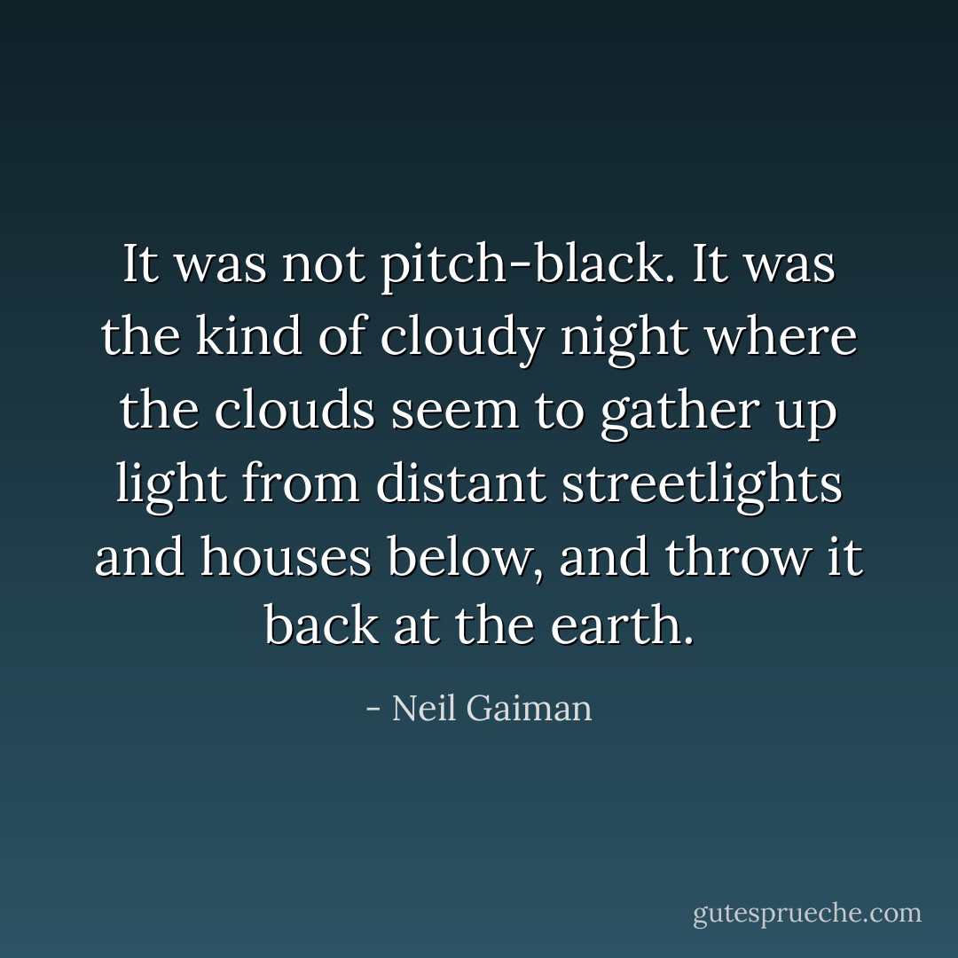 It was not pitch-black. It was the kind of cloudy night where the clouds seem to gather up light from distant streetlights and houses below, and throw it back at the earth. - Neil Gaiman