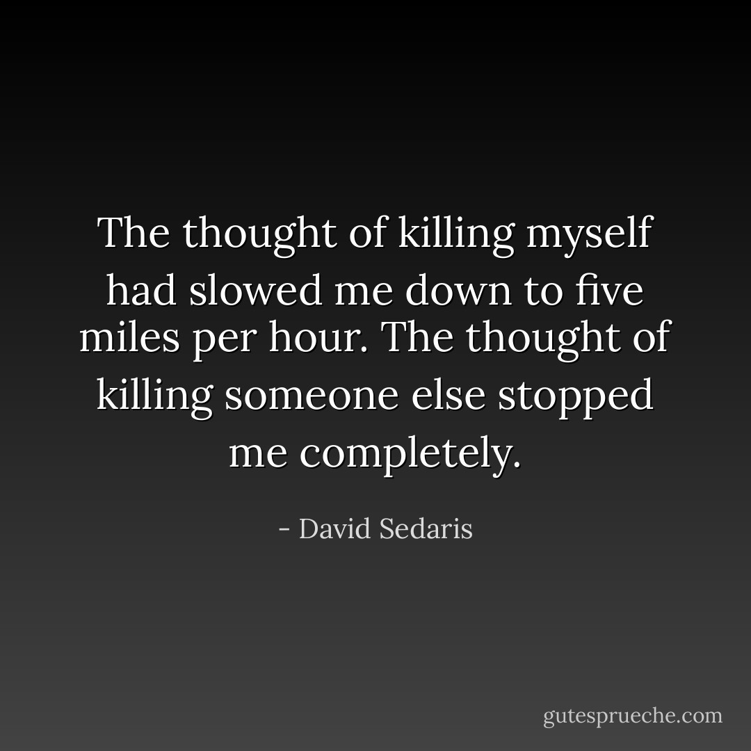 The thought of killing myself had slowed me down to five miles per hour. The thought of killing someone else stopped me completely. - David Sedaris