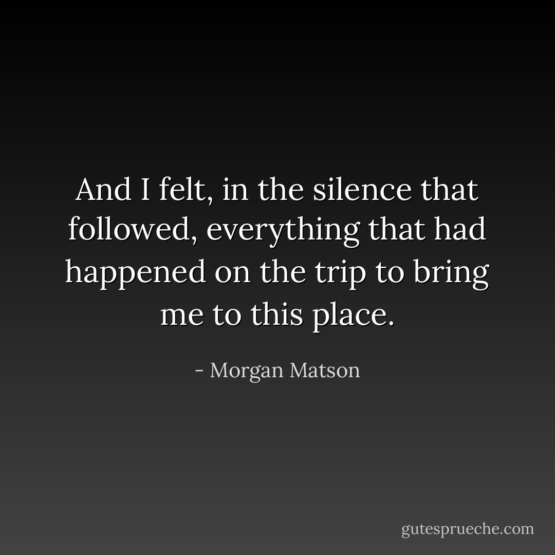 And I felt, in the silence that followed, everything that had happened on the trip to bring me to this place. - Morgan Matson