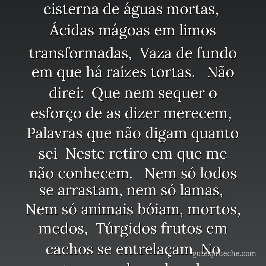 Poema à boca fechada <br /><br /><br />Não direi: <br />Que o silêncio me sufoca e amordaça. <br />Calado estou, calado ficarei, <br />Pois que a língua que falo é de outra raça. <br /><br />Palavras consumidas se acumulam, <br />Se represam, cisterna de águas mortas, <br />Ácidas mágoas em limos transformadas, <br />Vaza de fundo em que há raízes tortas. <br /><br />Não direi: <br />Que nem sequer o esforço de as dizer merecem, <br />Palavras que não digam quanto sei <br />Neste retiro em que me não conhecem. <br /><br />Nem só lodos se arrastam, nem só lamas, <br />Nem só animais bóiam, mortos, medos, <br />Túrgidos frutos em cachos se entrelaçam <br />No negro poço de onde sobem dedos. <br /><br />Só direi, <br />Crispadamente recolhido e mudo, <br />Que quem se cala quando me calei <br />Não poderá morrer sem dizer tudo. - José Saramago
