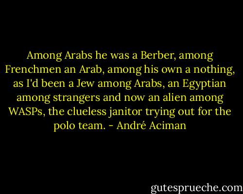 Among Arabs he was a Berber, among Frenchmen an Arab, among his own a nothing, as I'd been a Jew among Arabs, an Egyptian among strangers and now an alien among WASPs, the clueless janitor trying out for the polo team. - André Aciman