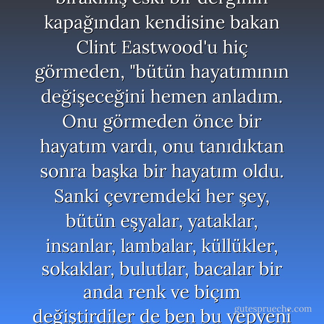 « "Mehmet'i ilk gördüğümde" derdi Canan, bir bekleme salonundaki masaların birine bırakmış eski bir derginin kapağından kendisine bakan Clint Eastwood'u hiç görmeden, "bütün hayatımının değişeceğini hemen anladım. Onu görmeden önce bir hayatım vardı, onu tanıdıktan sonra başka bir hayatım oldu. Sanki çevremdeki her şey, bütün eşyalar, yataklar, insanlar, lambalar, küllükler, sokaklar, bulutlar, bacalar bir anda renk ve biçım değiştirdiler de ben bu yepyeni dünyayı hayranlıkla tanımaya koyuldum" » - Orhan Pamuk