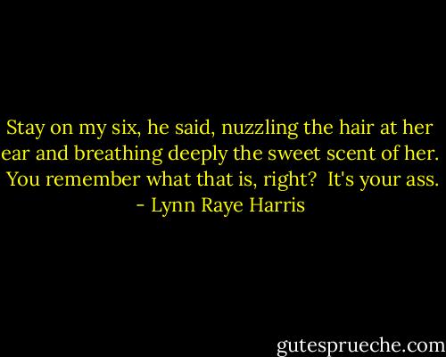 Stay on my six, he said, nuzzling the hair at her ear and breathing deeply the sweet scent of her.<br /><br />You remember what that is, right?<br /><br />It's your ass. - Lynn Raye Harris