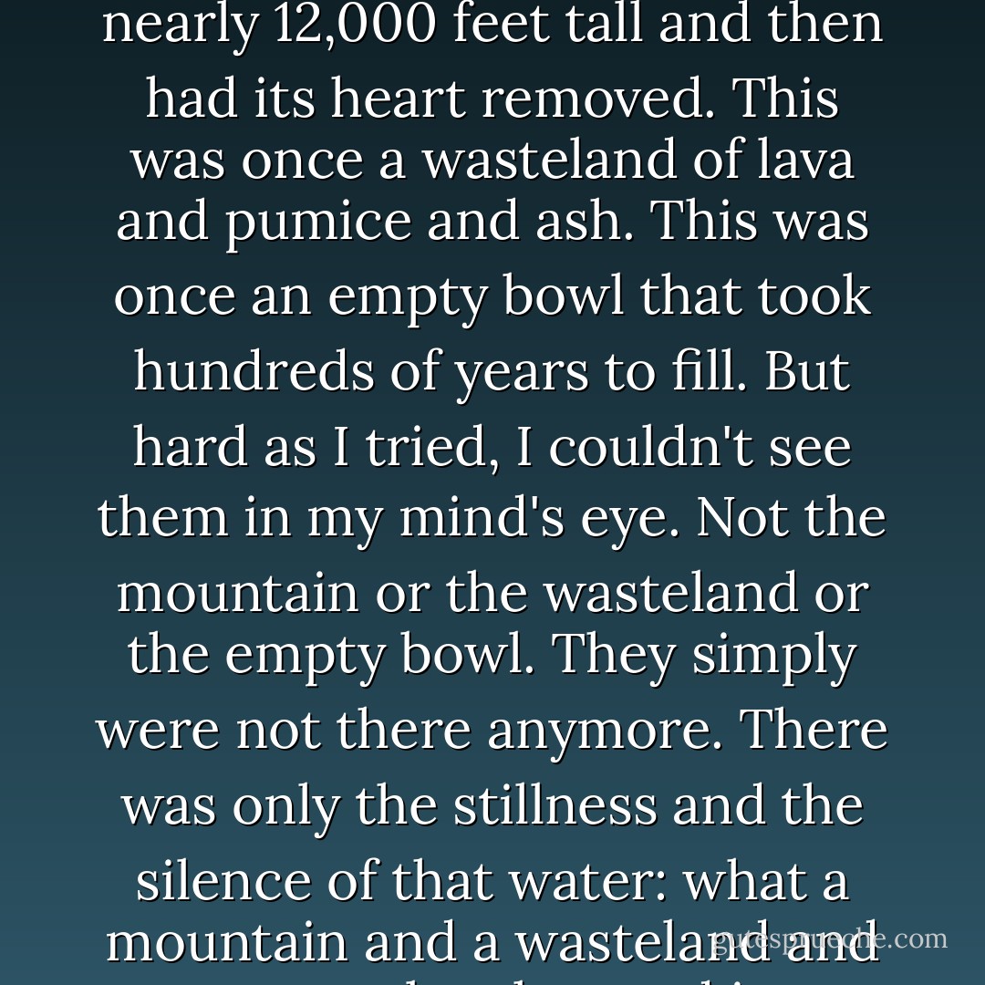 This was once Mazama, I kept reminding myself. This was once a mountain that stood nearly 12,000 feet tall and then had its heart removed. This was once a wasteland of lava and pumice and ash. This was once an empty bowl that took hundreds of years to fill. But hard as I tried, I couldn't see them in my mind's eye. Not the mountain or the wasteland or the empty bowl. They simply were not there anymore. There was only the stillness and the silence of that water: what a mountain and a wasteland and an empty bowl turned into after the healing process. - Cheryl Strayed