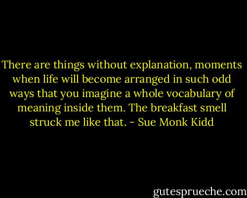 There are things without explanation, moments when life will become arranged in such odd ways that you imagine a whole vocabulary of meaning inside them. The breakfast smell struck me like that. - Sue Monk Kidd