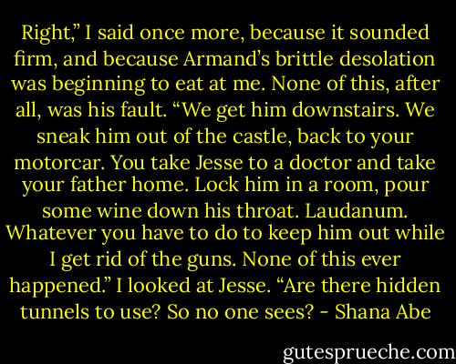 Right,” I said once more, because it sounded firm, and because Armand’s brittle desolation was beginning to eat at me. None of this, after all, was his fault. “We get him downstairs. We sneak him out of the castle, back to your motorcar. You take Jesse to a doctor and take your father home. Lock him in a room, pour some wine down his throat. Laudanum. Whatever you have to do to keep him out while I get rid of the guns. None of this ever happened.” I looked at Jesse. “Are there hidden tunnels to use? So no one sees? - Shana Abe