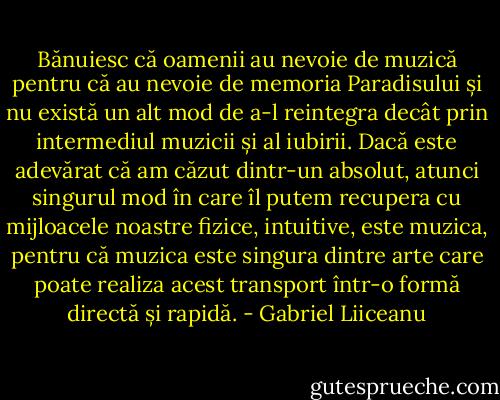 Bănuiesc că oamenii au nevoie de muzică pentru că au nevoie de memoria Paradisului și nu există un alt mod de a-l reintegra decât prin intermediul muzicii și al iubirii. Dacă este adevărat că am căzut dintr-un absolut, atunci singurul mod în care îl putem recupera cu mijloacele noastre fizice, intuitive, este muzica, pentru că muzica este singura dintre arte care poate realiza acest transport într-o formă directă și rapidă. - Gabriel Liiceanu