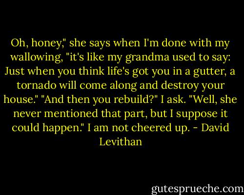 Oh, honey," she says when I'm done with my wallowing, "it's like my grandma used to say: Just when you think life's got you in a gutter, a tornado will come along and destroy your house."<br />"And then you rebuild?" I ask.<br />"Well, she never mentioned that part, but I suppose it could happen."<br />I am not cheered up. - David Levithan