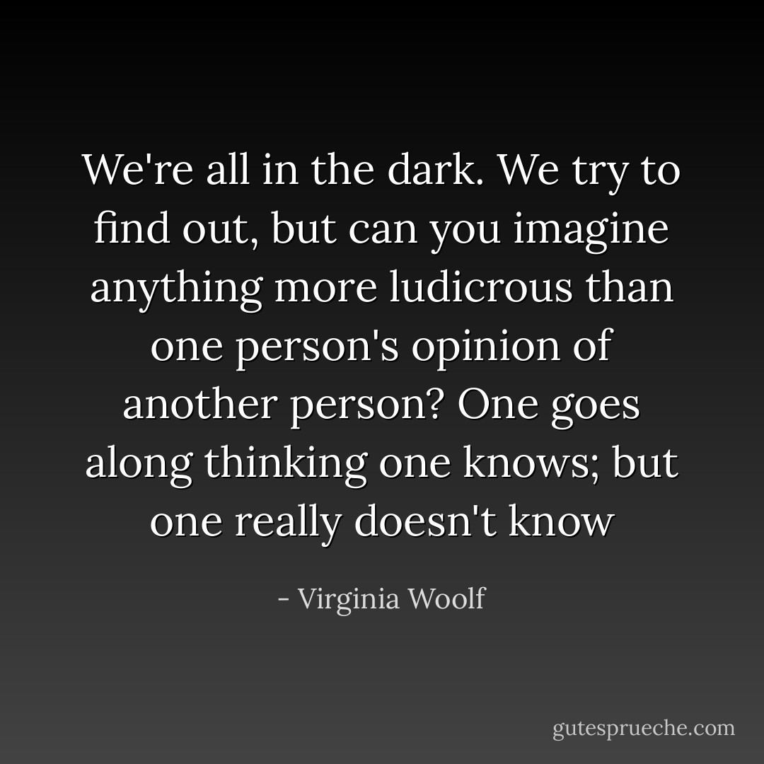 We're all in the dark. We try to find out, but can you imagine anything more ludicrous than one person's opinion of another person? One goes along thinking one knows; but one really doesn't know - Virginia Woolf