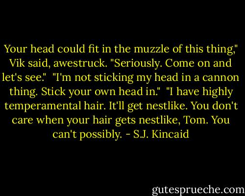 Your head could fit in the muzzle of this thing," Vik said, awestruck. "Seriously. Come on and let's see."<br /><br />"I'm not sticking my head in a cannon thing. Stick your own head in."<br /><br />"I have highly temperamental hair. It'll get nestlike. You don't care when your hair gets nestlike, Tom. You can't possibly. - S.J. Kincaid