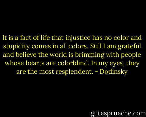 It is a fact of life that injustice has no color and stupidity comes in all colors. Still I am grateful and believe the world is brimming with people whose hearts are colorblind. In my eyes, they are the most resplendent. - Dodinsky