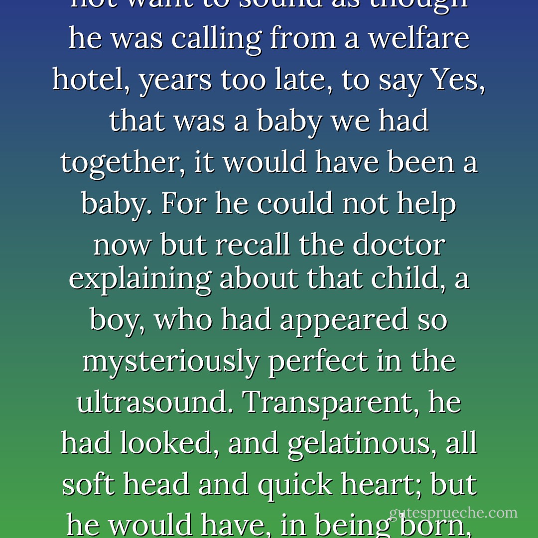 He would not want to sound like a haunted man; he would not want to sound as though he was calling from a welfare hotel, years too late, to say <i>Yes, that was a baby we had together, it would have been a baby.</i> For he could not help now but recall the doctor explaining about that child, a boy, who had appeared so mysteriously perfect in the ultrasound. Transparent, he had looked, and gelatinous, all soft head and quick heart; but he would have, in being born, broken every bone in his body. - Gish Jen