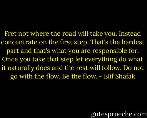 Fret not where the road will take you. Instead concentrate on the first step. That's the hardest part and that's what you are responsible for. Once you take that step let everything do what it naturally does and the rest will follow. Do not go with the flow. Be the flow. - Elif Shafak