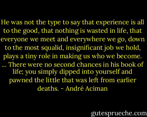 He was not the type to say that experience is all to the good, that nothing is wasted in life, that everyone we meet and everywhere we go, down to the most squalid, insignificant job we hold, plays a tiny role in making us who we become. ... There were no second chances in his book of life; you simply dipped into yourself and pawned the little that was left from earlier deaths. - André Aciman