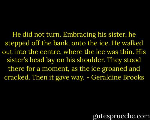 He did not turn. Embracing his sister, he stepped off the bank, onto the ice. He walked out into the centre, where the ice was thin. His sister’s head lay on his shoulder. They stood there for a moment, as the ice groaned and cracked. Then it gave way. - Geraldine Brooks