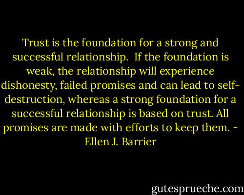 Trust is the foundation for a strong and successful relationship. <br />If the foundation is weak, the relationship will experience dishonesty, failed promises and can lead to self- destruction, whereas a strong foundation for a successful relationship is based on trust. All promises are made with efforts to keep them. - Ellen J. Barrier