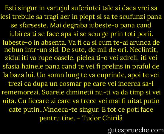 Esti singur in vartejul suferintei tale si daca vrei sa iesi trebuie sa tragi aer in piept si sa te scufunzi pana se sfarseste. Mai degraba iubeste-o pana cand iubirea ti se face apa si se scurge prin toti porii. Iubeste-o in absenta. Va fi ca si cum te-ai arunca de nebun intr-un zid. De sute, de mii de ori. Neclintit, zidul iti va rupe oasele, pielea ti-o vei zdreli, iti vei sfasia hainele pana cand te vei fi prelins in praful de la baza lui. Un somn lung te va cuprinde, apoi te vei trezi ca dupa un cosmar pe care vei incerca sa-l rememorezi. Soarele diminetii nu-ti va da timp si vei uita. Cu fiecare zi care va trece vei mai fi uitat putin cate putin...Vindeca-te singur. E tot ce poti face pentru tine. - Tudor Chirilă