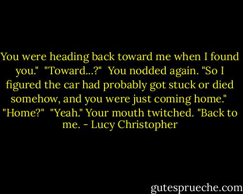 You were heading back toward me when I found you."<br /><br />"Toward...?"<br /><br />You nodded again. "So I figured the car had probably got stuck or died somehow, and you were just coming home."<br /><br />"Home?"<br /><br />"Yeah." Your mouth twitched. "Back to me. - Lucy Christopher