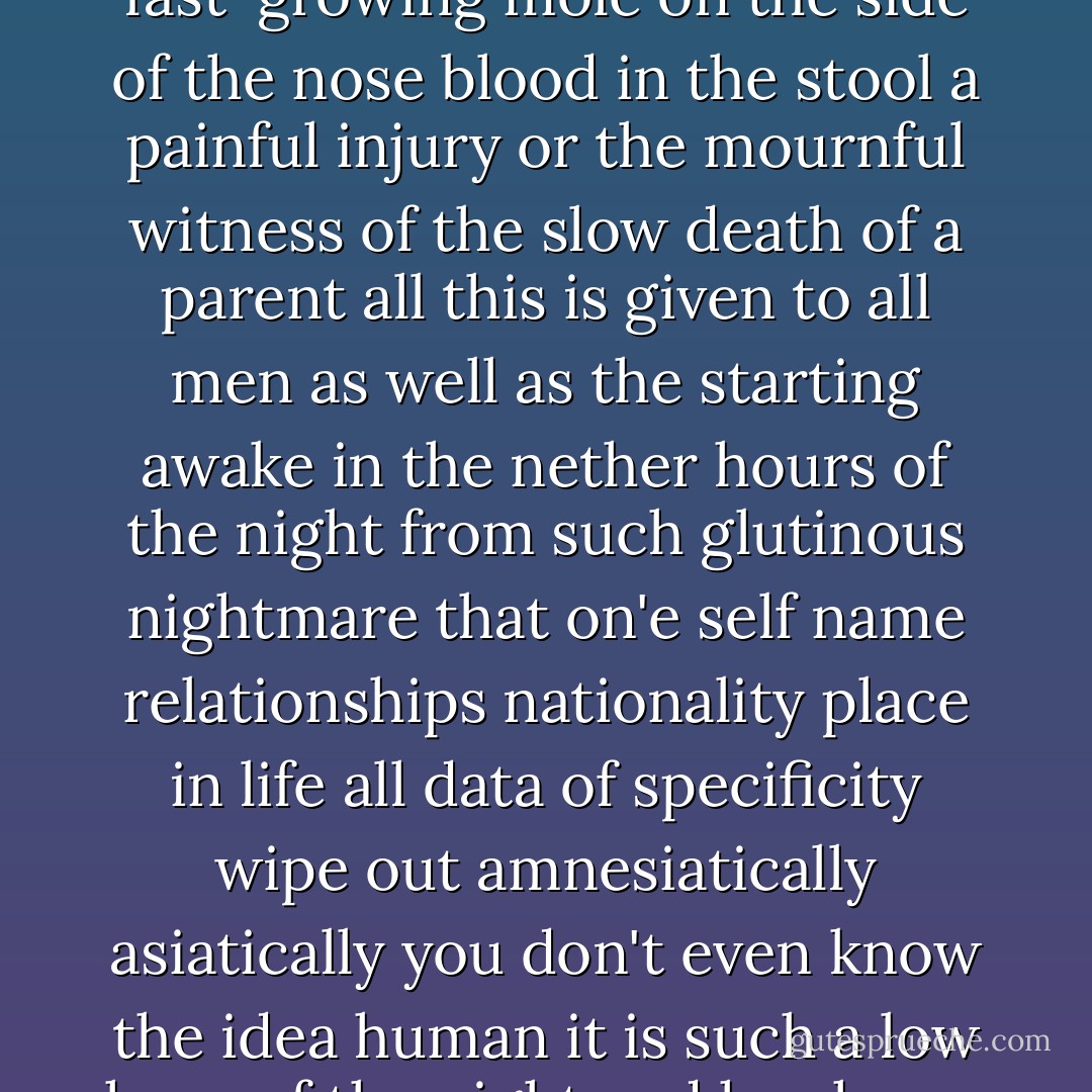 I cite too the ordinary fears of mortality the inspection of a fast-growing mole on the side of the nose blood in the stool a painful injury or the mournful witness of the slow death of a parent all this is given to all men as well as the starting awake in the nether hours of the night from such glutinous nightmare that on'e self name relationships nationality place in life all data of specificity wipe out amnesiatically asiatically you don't even know the idea human it is such a low hour of the night and he shares it with all of us. - E.L. Doctorow