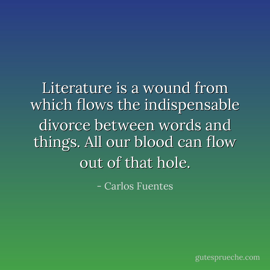 Literature is a wound from which flows the indispensable divorce between words and things. All our blood can flow out of that hole. - Carlos Fuentes
