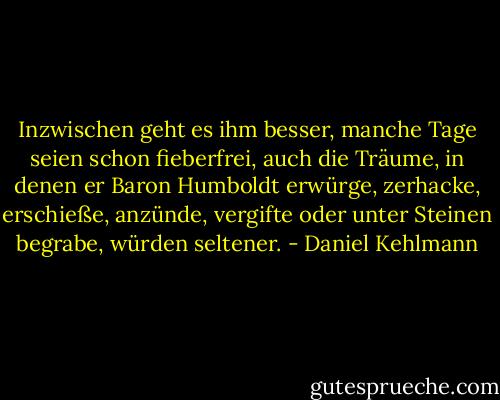 Inzwischen geht es ihm besser, manche Tage seien schon fieberfrei, auch die Träume, in denen er Baron Humboldt erwürge, zerhacke, erschieße, anzünde, vergifte oder unter Steinen begrabe, würden seltener. - Daniel Kehlmann