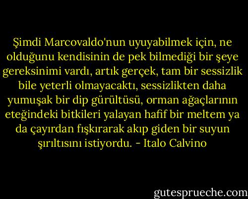 Şimdi Marcovaldo'nun uyuyabilmek için, ne olduğunu kendisinin de pek bilmediği bir şeye gereksinimi vardı, artık gerçek, tam bir sessizlik bile yeterli olmayacaktı, sessizlikten daha yumuşak bir dip gürültüsü, orman ağaçlarının eteğindeki bitkileri yalayan hafif bir meltem ya da çayırdan fışkırarak akıp giden bir suyun şırıltısını istiyordu. - Italo Calvino