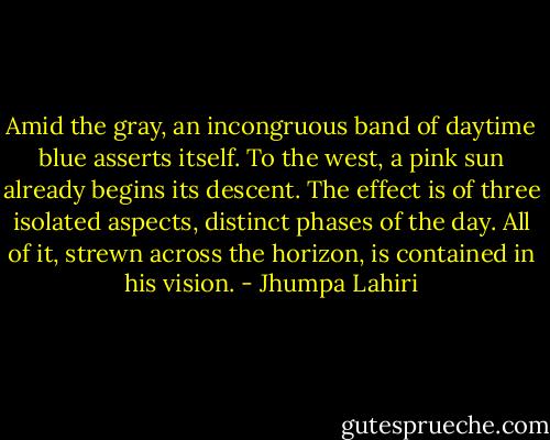 Amid the gray, an incongruous band of daytime blue asserts itself. To the west, a pink sun already begins its descent. The effect is of three isolated aspects, distinct phases of the day. All of it, strewn across the horizon, is contained in his vision. - Jhumpa Lahiri