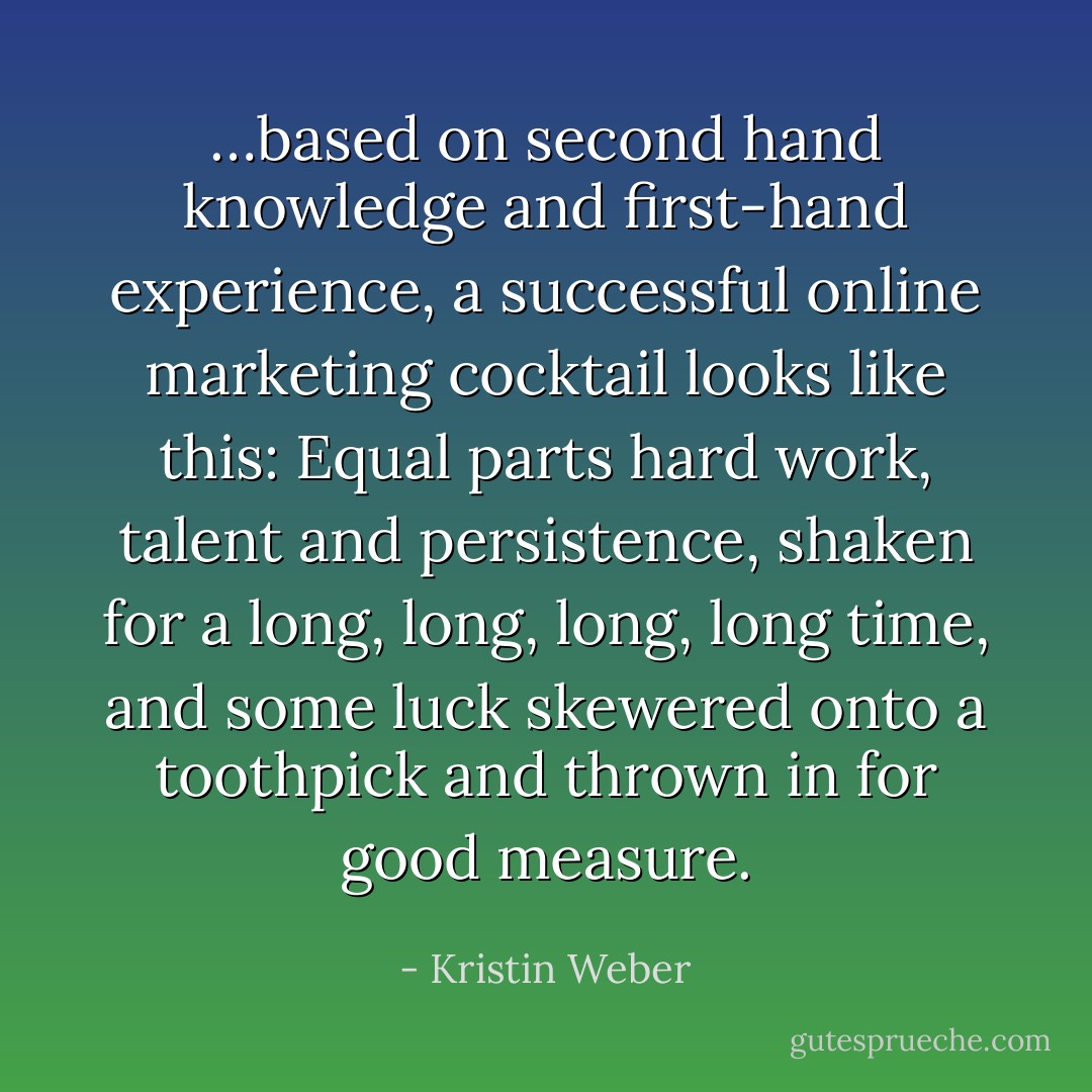 …based on second hand knowledge and first-hand experience, a successful online marketing cocktail looks like this: Equal parts hard work, talent and persistence, shaken for a long, long, long, long time, and some luck skewered onto a toothpick and thrown in for good measure. - Kristin Weber