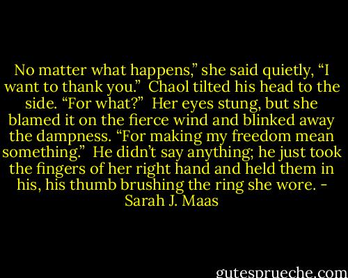 No matter what happens,” she said quietly, “I want to thank you.”<br /><br />Chaol tilted his head to the side. “For what?”<br /><br />Her eyes stung, but she blamed it on the fierce wind and blinked away the dampness. “For making my freedom mean something.”<br /><br />He didn’t say anything; he just took the fingers of her right hand and held them in his, his thumb brushing the ring she wore. - Sarah J. Maas