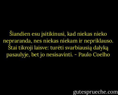 Šiandien esu įsitikinusi, kad niekas nieko nepraranda, nes niekas niekam ir nepriklauso. Štai tikroji laisve: turėti svarbiausią dalyką pasaulyje, bet jo nesisavinti. - Paulo Coelho