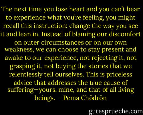 The next time you lose heart and you can’t bear to experience what you’re feeling, you might recall this instruction: change the way you see it and lean in. Instead of blaming our discomfort on outer circumstances or on our own weakness, we can choose to stay present and awake to our experience, not rejecting it, not grasping it, not buying the stories that we relentlessly tell ourselves. This is priceless advice that addresses the true cause of suffering—yours, mine, and that of all living beings.  - Pema Chödrön