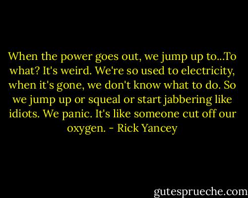 When the power goes out, we jump up to...To what? It's weird. We're so used to electricity, when it's gone, we don't know what to do. So we jump up or squeal or start jabbering like idiots. We panic. It's like someone cut off our oxygen. - Rick Yancey