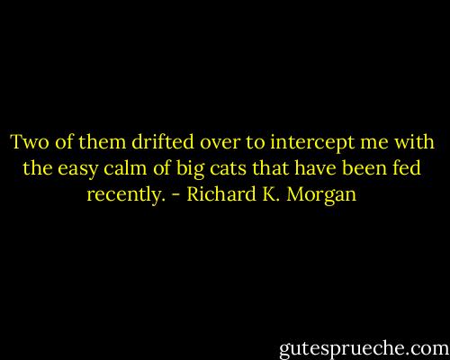 Two of them drifted over to intercept me with the easy calm of big cats that have been fed recently. - Richard K. Morgan