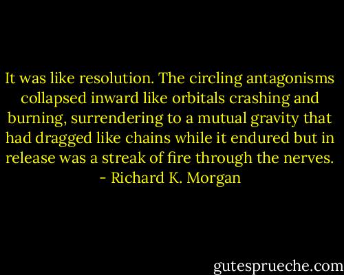 It was like resolution. The circling antagonisms collapsed inward like orbitals crashing and burning, surrendering to a mutual gravity that had dragged like chains while it endured but in release was a streak of fire through the nerves. - Richard K. Morgan
