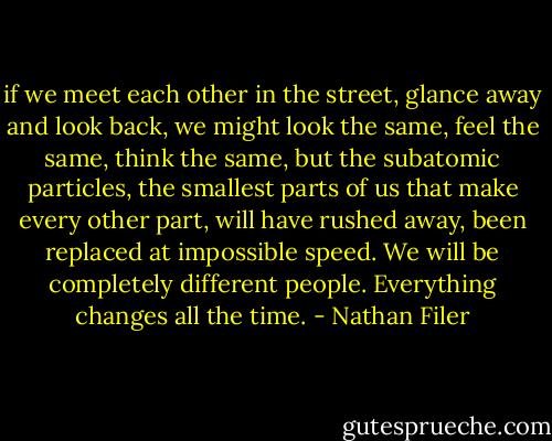 if we meet each other in the street, glance away and look back, we might look the same, feel the same, think the same, but the subatomic particles, the smallest parts of us that make every other part, will have rushed away, been replaced at impossible speed. We will be completely different people. Everything changes all the time. - Nathan Filer